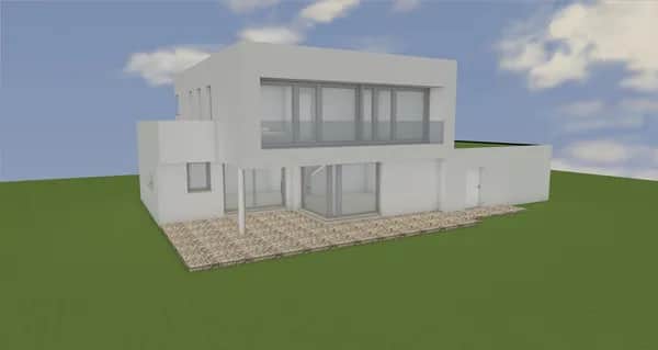 Minimalistische Design-Villa mit großflächigen Glasfronten und schwebendem Obergeschoss