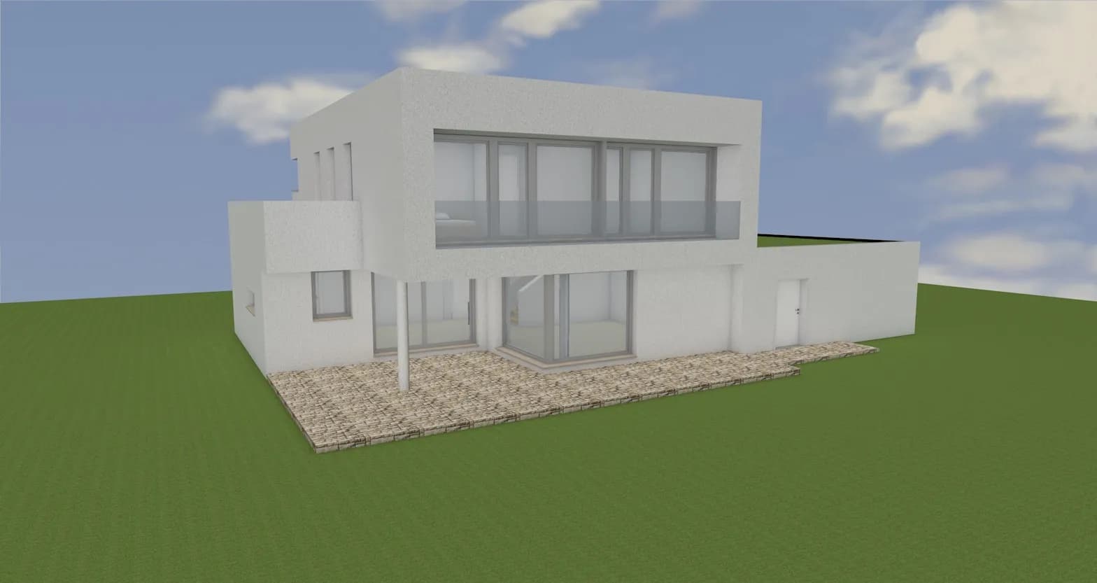 Minimalistische Design-Villa mit großflächigen Glasfronten und schwebendem Obergeschoss