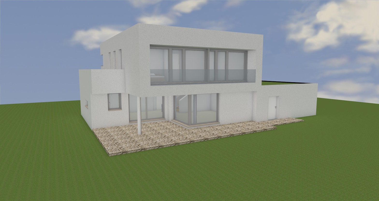 Minimalistische Design-Villa mit großflächigen Glasfronten und schwebendem Obergeschoss